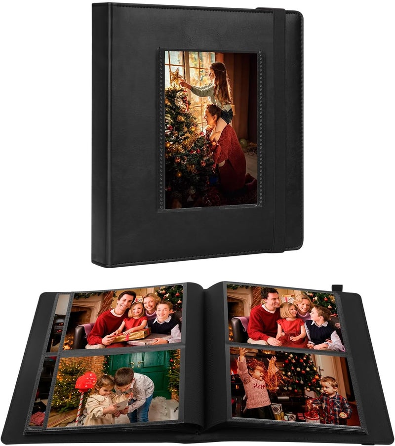 Aevdor Photo Album 4x6, Leather Cover 4x6 Photo Album Black Inner Pages with DIY Front Window, 136 Pockets 4 x 6 Picture Book Holds 136 Baby Wedding Family Anniversary Vacations Pictures (Black) - Image 1